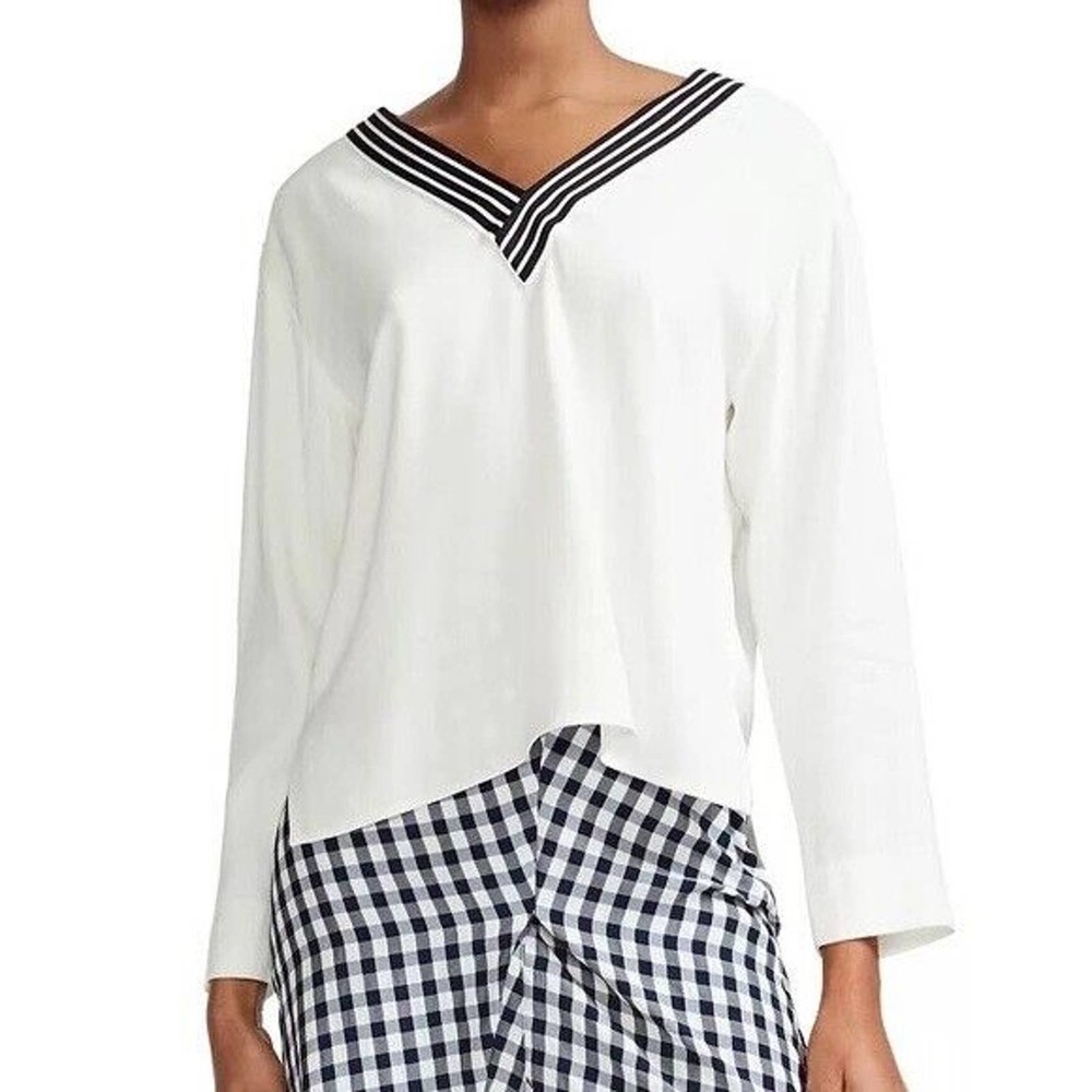 Maje $265 Lorni Lounge Long Sleeves Crepe Striped V-Neck Neckline Top Sz 3/L US - Picture 8 of 16